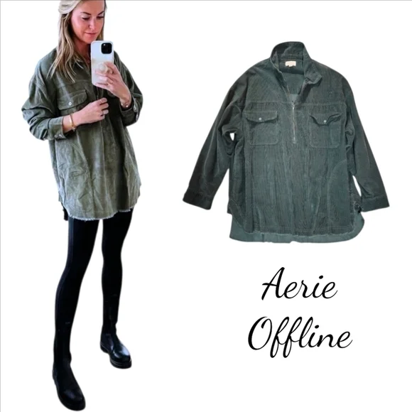 Aerie Offline Corduroy 1/2 Zip Pullover Forest Green, Size XXL - Picture 3 of 11